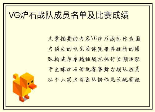 VG炉石战队成员名单及比赛成绩